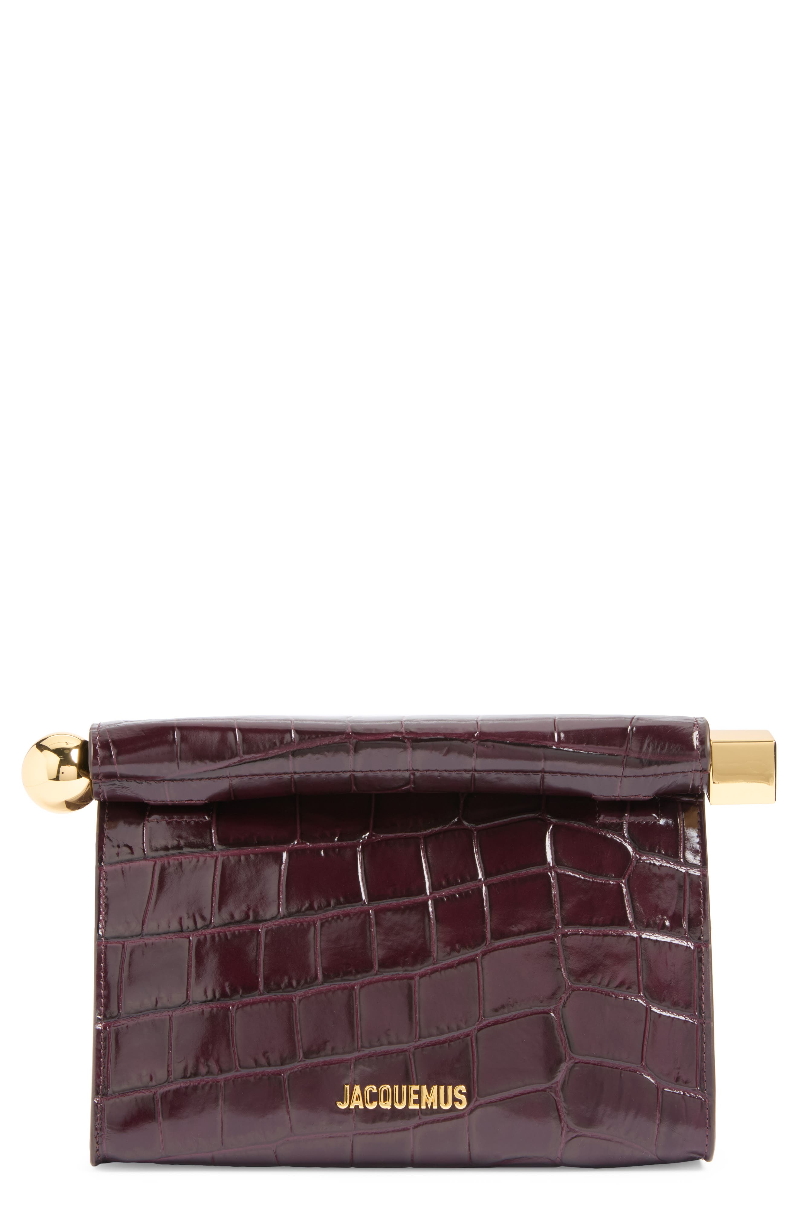 Le Sac Rond Carré Croc Embossed Leather Clutch, Main, color, DARK BURGUNDY 495