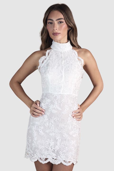 High Neck Mesh Mini Wedding Dress