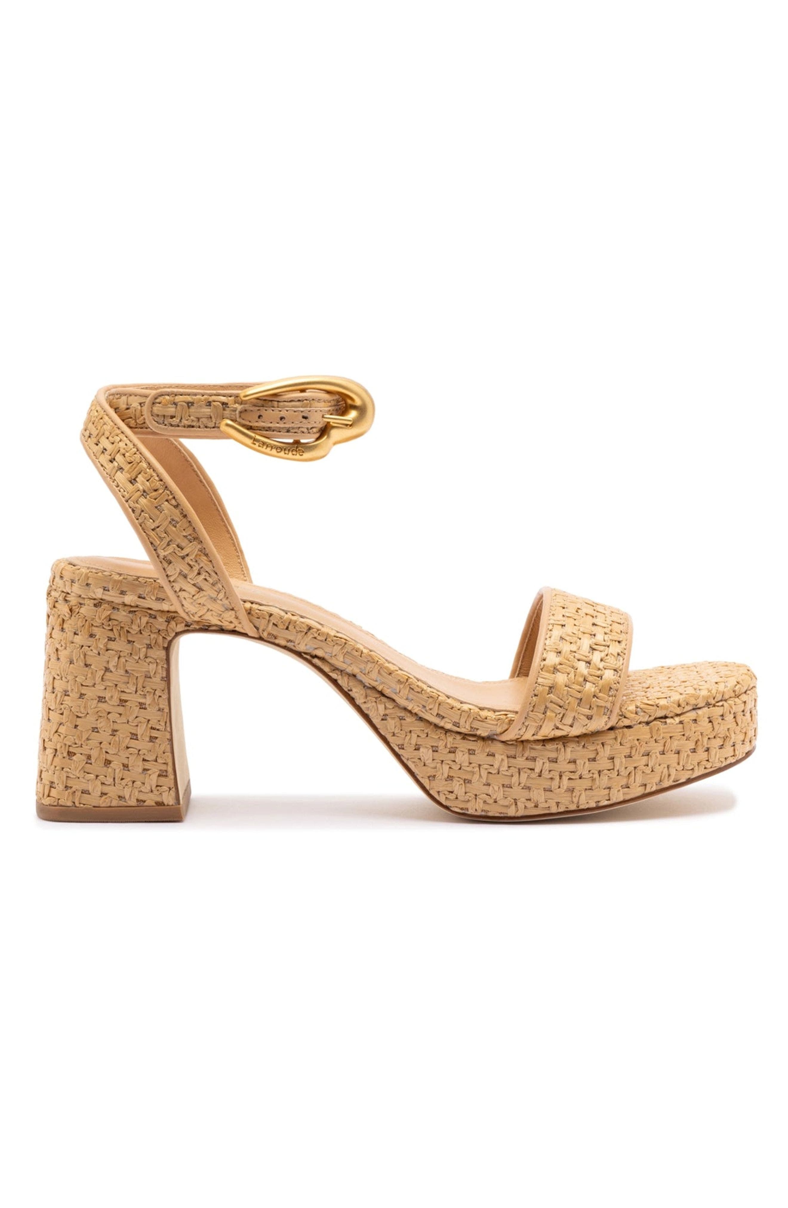 Larroudé Dolly Verona Low Sandal In Natural Raffia and Beige Leather, Main, color, Natural