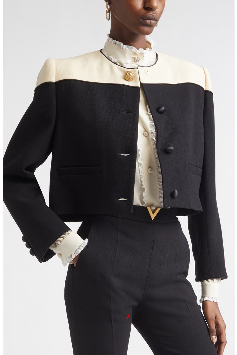 Colorblock Crop Wool Crepe Jacket, Alternate, color, BLACK/ CREAM