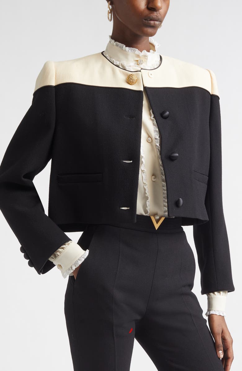 Valentino Colorblock Crop Wool Crepe Jacket, Alternate, color, Black/ Cream
