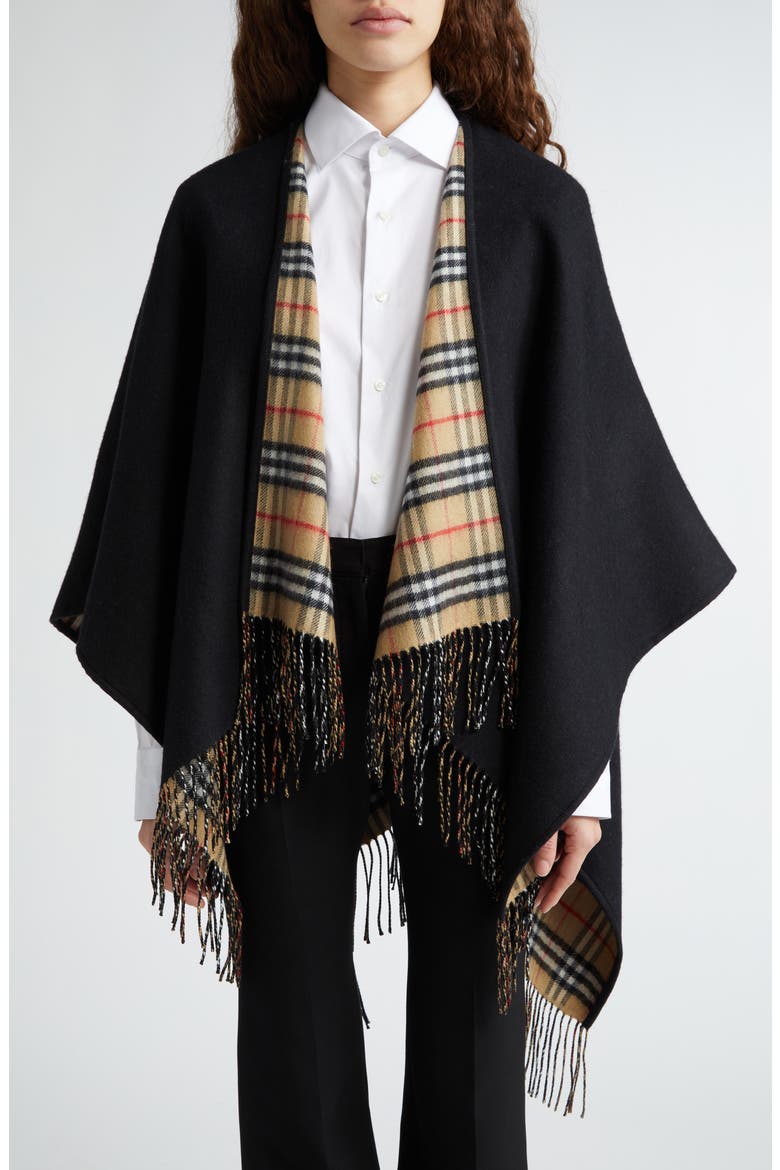 Reversible Open Front Wool Cape, Main, color, BLACK CHECK