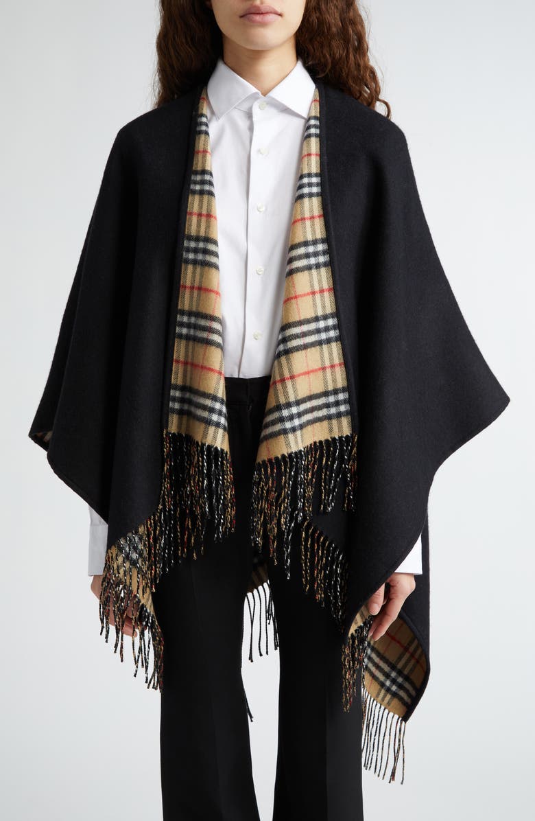 Burberry Reversible Open Front Wool Cape, Main, color, Black Check
