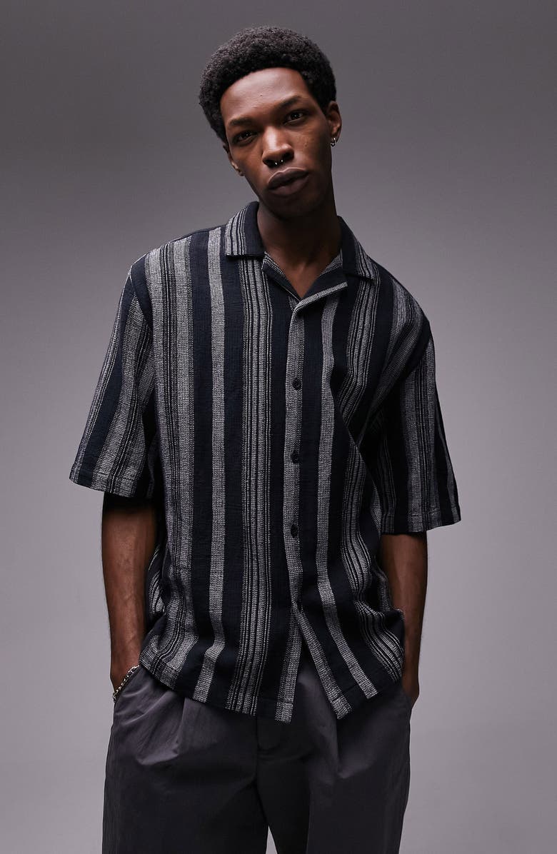 Topman Oversize Textured Stripe Camp Shirt, Main, color,