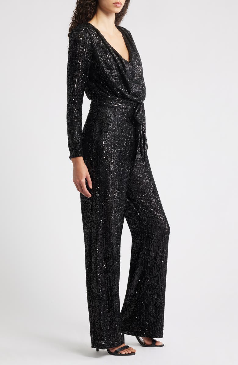 Eliza J Draped Neck Long Sleeve Sequin Jumpsuit, Alternate, color, Black