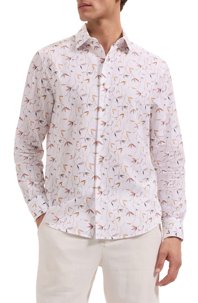 Bugatchi Julian Shaped Fit Leaf Print Cotton Seersucker Button-Up Shirt, Main, color, White