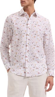 Bugatchi Julian Shaped Fit Leaf Print Cotton Seersucker Button-Up Shirt