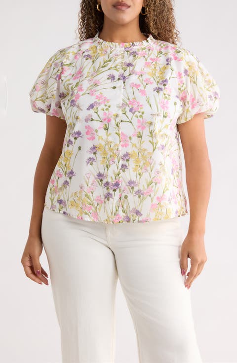 Lita Floral Avy Cotton Button-Up Top (Plus)