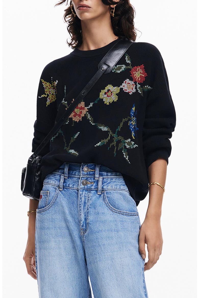 Cross-Stitch Embroidered Cotton Sweater, Main, color, BLACK