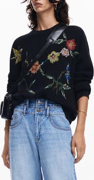 Desigual Cross-Stitch Embroidered Cotton Sweater