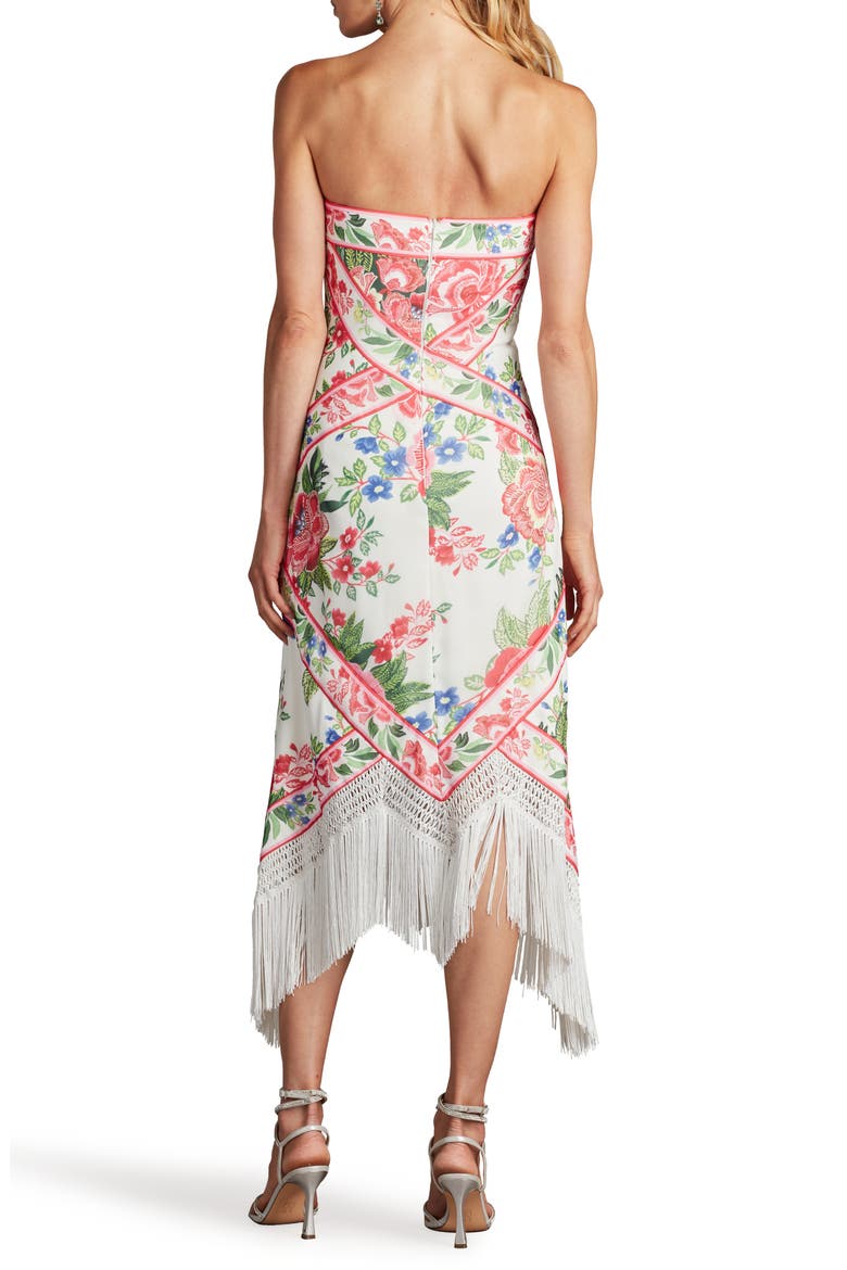 Scarf Print Fringe Detail Strapless Cocktail Midi Dress, Alternate, color, WHITE/ FUCHSIA FLORAL