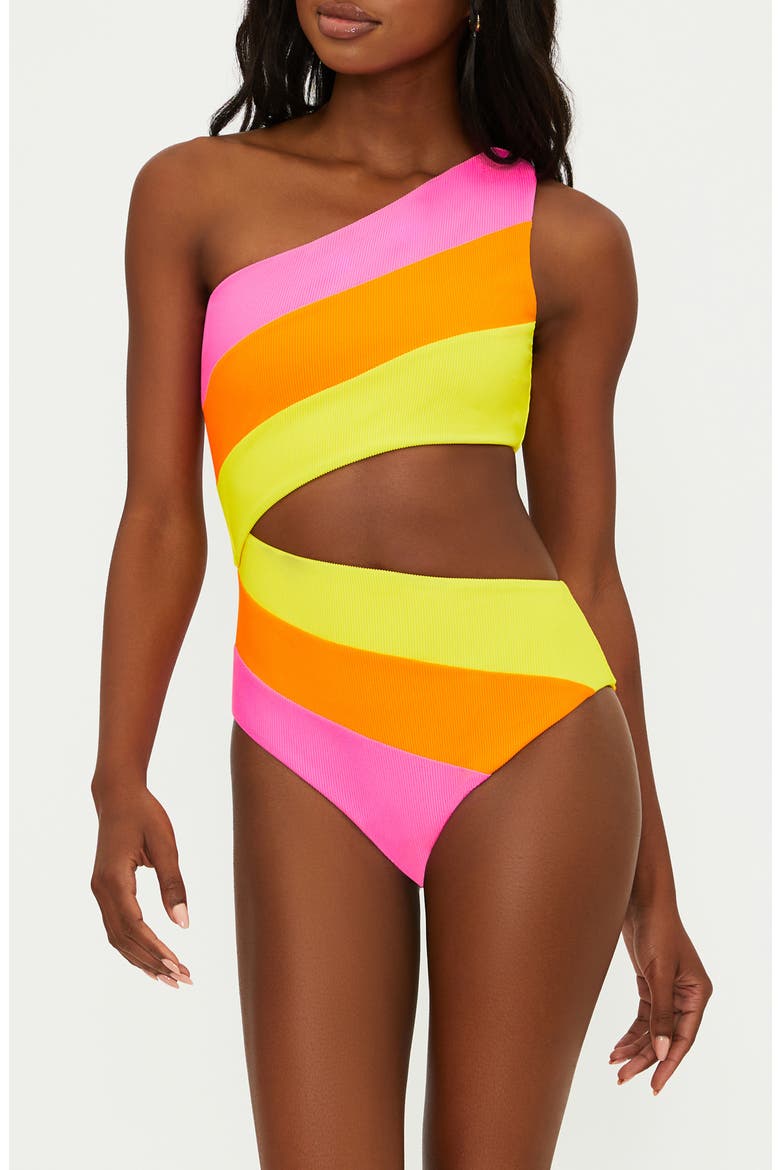 Joyce Stripe Cutout One-Shoulder One-Piece Swimsuit, Main, color, SOLEIL COL