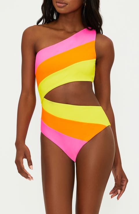 Joyce Stripe Cutout One-Shoulder One-Piece Swimsuit