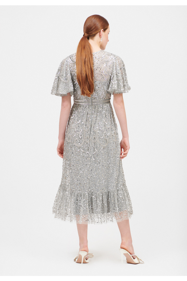 Embellished Sequin Beaded Midi Dress, Alternate, color, LIGHT GREY