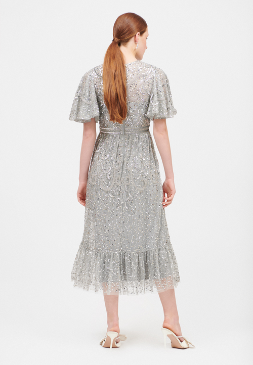Beauut Embellished Sequin Beaded Midi Dress In Gray