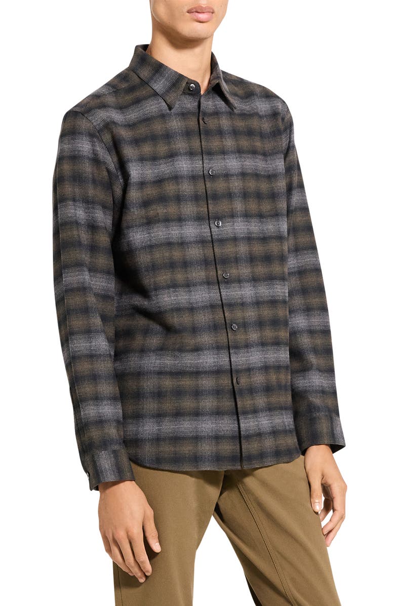 Theory Irving Plaid Cotton Flannel Button-Up Shirt, Alternate, color, Duffle Melange-Qi9