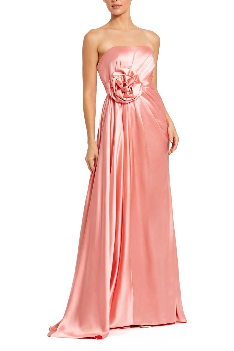Women's Strapless Satin Gown with Floral 3D Accent, Main, color, Coral