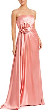 Mac Duggal Women's Strapless Satin Gown with Floral 3D Accent