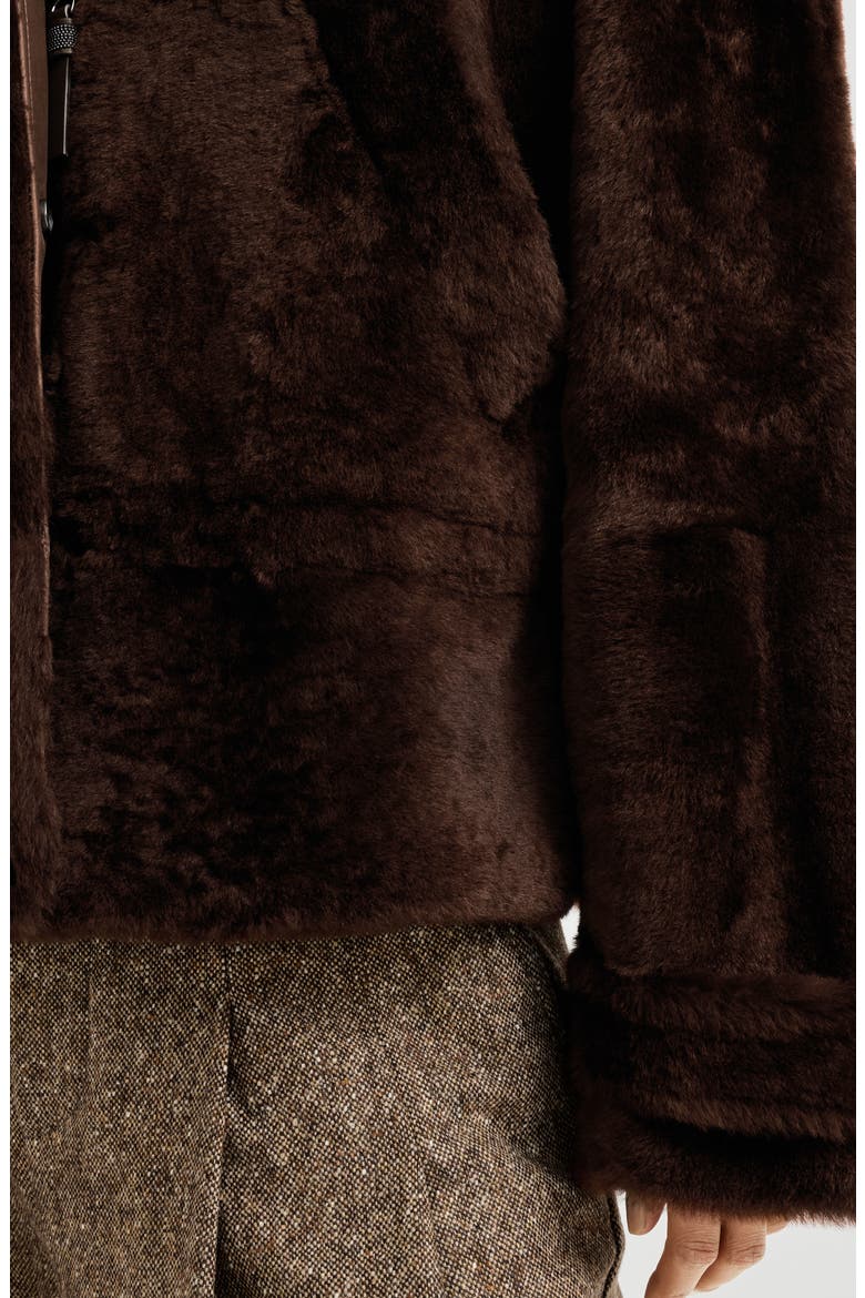 Shearling outerwear jacket with shiny zipper pull, Alternate, color, Brown Gianduia