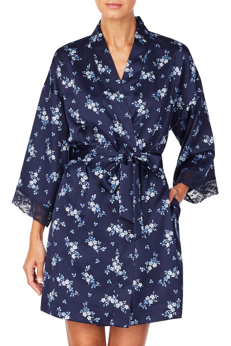 Satin Wrap Short Robe, Main, color, NAVY PRINT