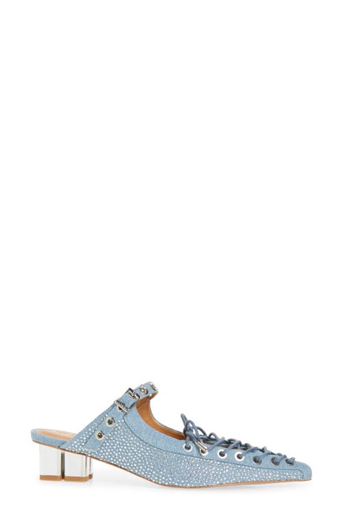 Ganni Embellished Lace-up Denim Mules In Faded Denim