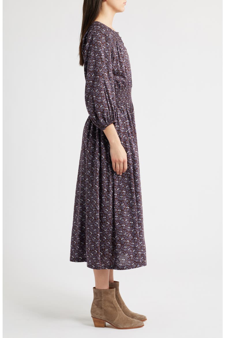 Shirred Splitneck Floral Midi Dress, Alternate, color, CHOCOLATE RAISIN