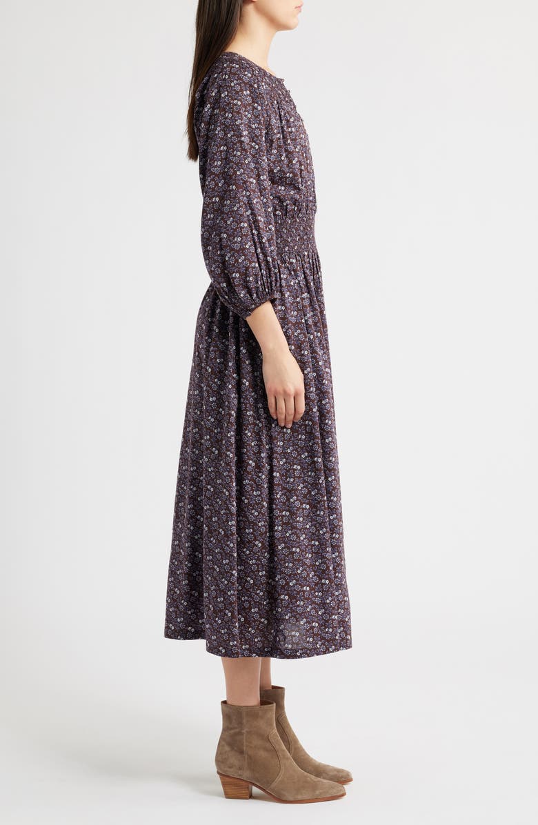 Madewell Shirred Splitneck Floral Midi Dress, Alternate, color, Chocolate Raisin