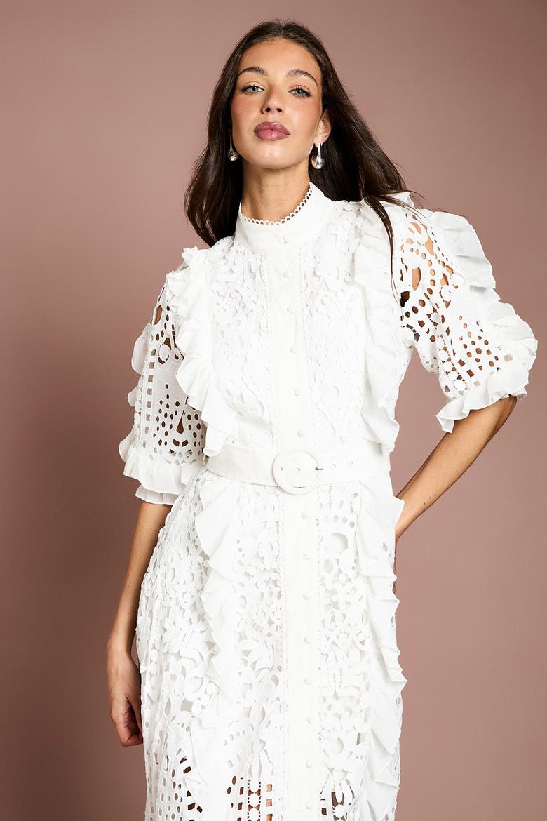 Lace Ruffle Belted Shirt Dress, Alternate, color, White