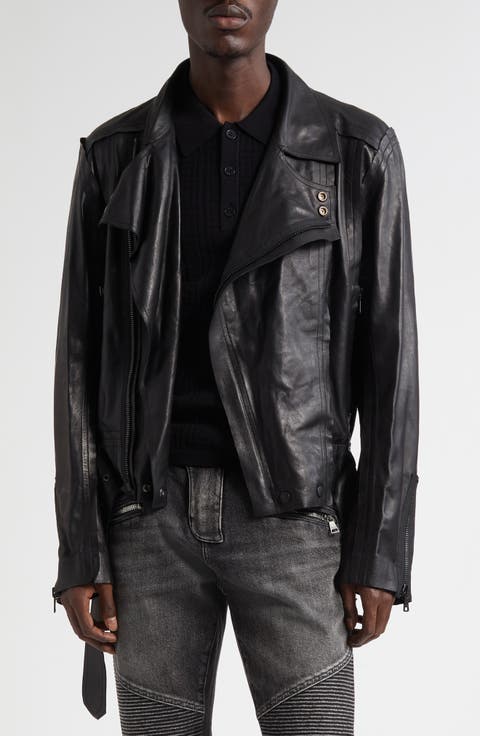 Belted Lightweight Lambskin Leather Biker Jacket