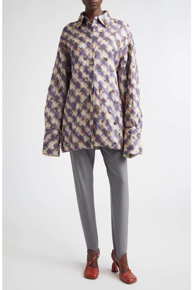 Cartan Crystal Embellished Oversize Button-Up Shirt, Alternate, color, PURPLE