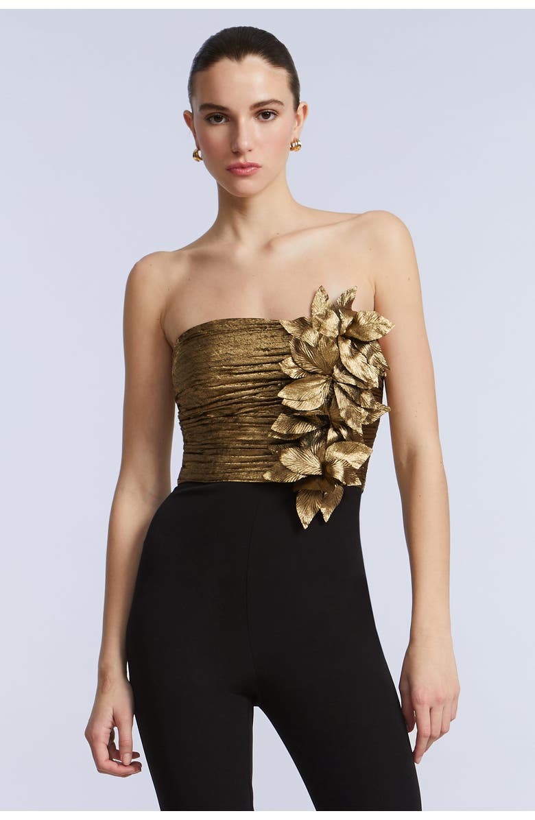 BCBGMAXAZRIA Flower Detail Jumpsuit, Alternate, color, Gold & Black Combo