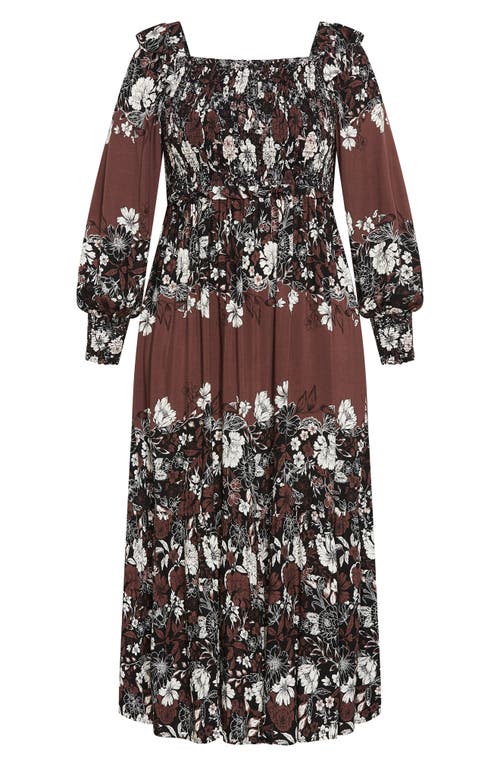 City Chic Hattie Floral Print Long Sleeve Maxi Dress In Brown