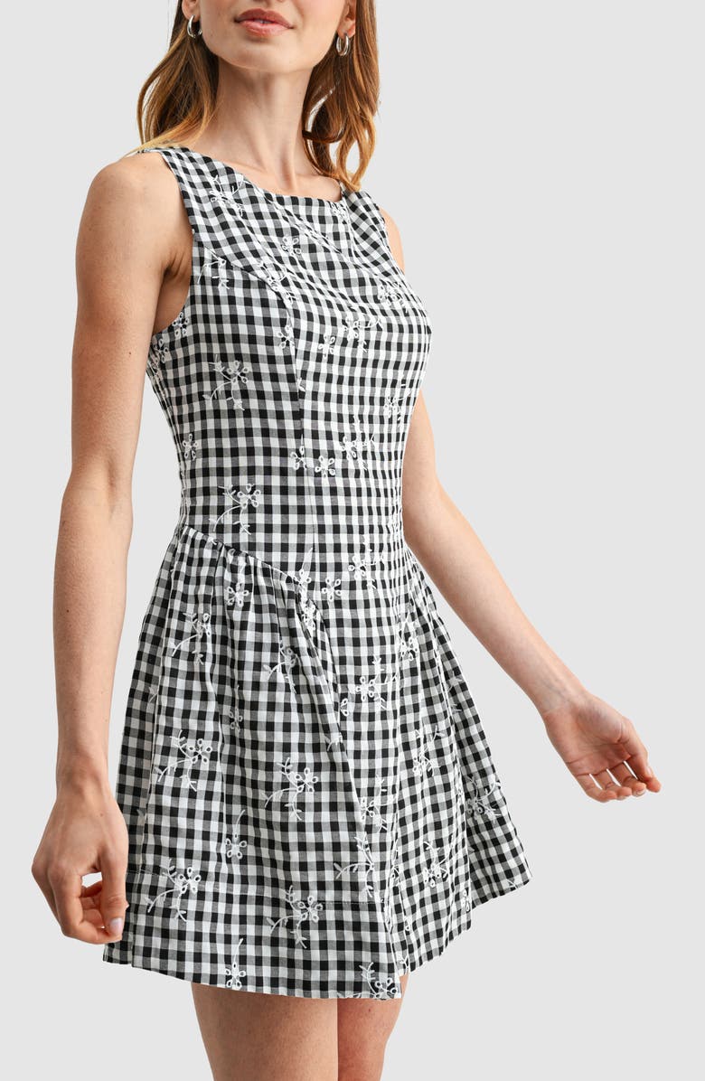 All in Favor Embroidered Sleeveless Fit & Flare Dress, Alternate, color, Black Gingham