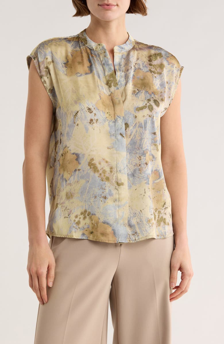 ELIE ELIE TAHARI Sleeveless Satin Button-Up Top, Main, color, Nuetral Abstract