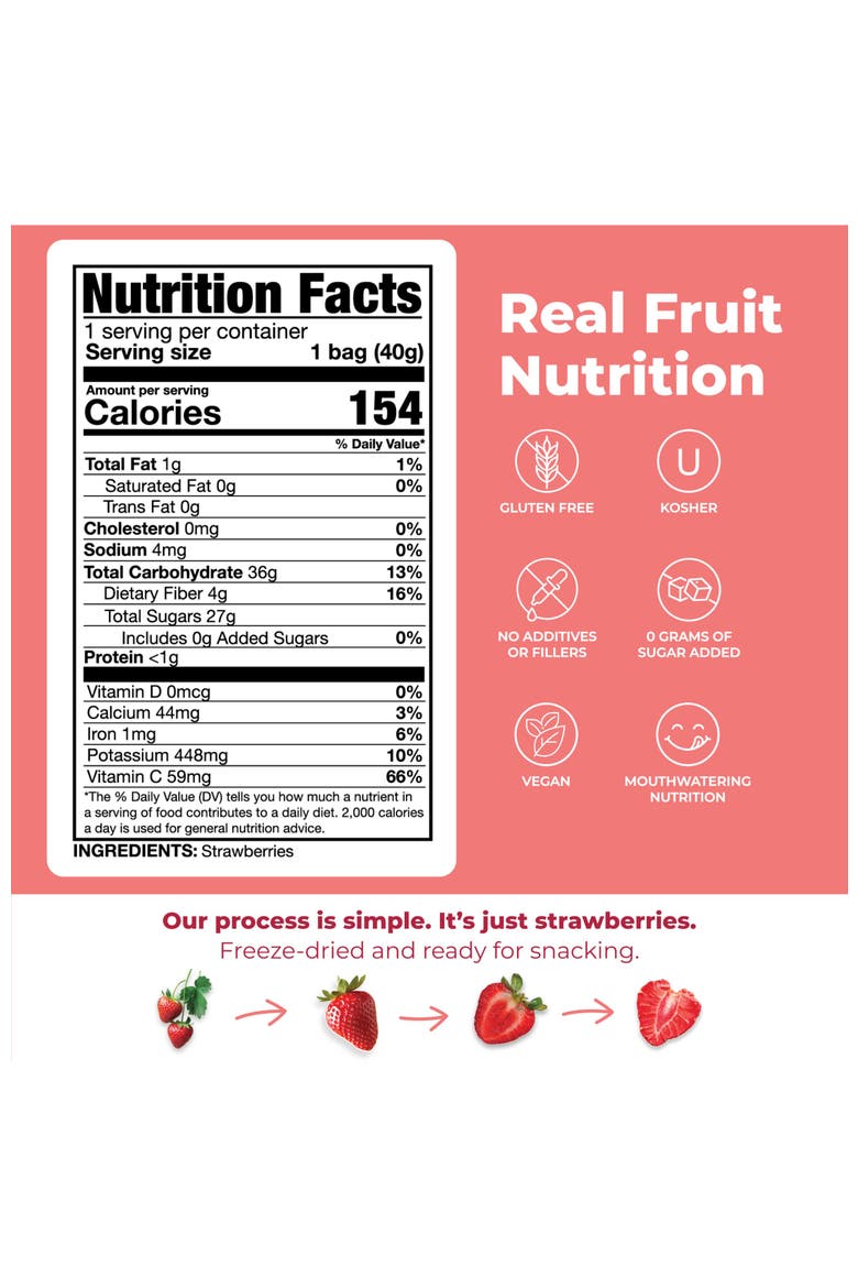 Dried Strawberries (5 Pack) 100% Real Fruit, Crunchy Strawberry Slices, Healthy Snack, Mouthwatering Nutrition, Gluten-Free, Vegan, No Sugar Added, Five 1.4 oz Bags, Alternate, color, Red