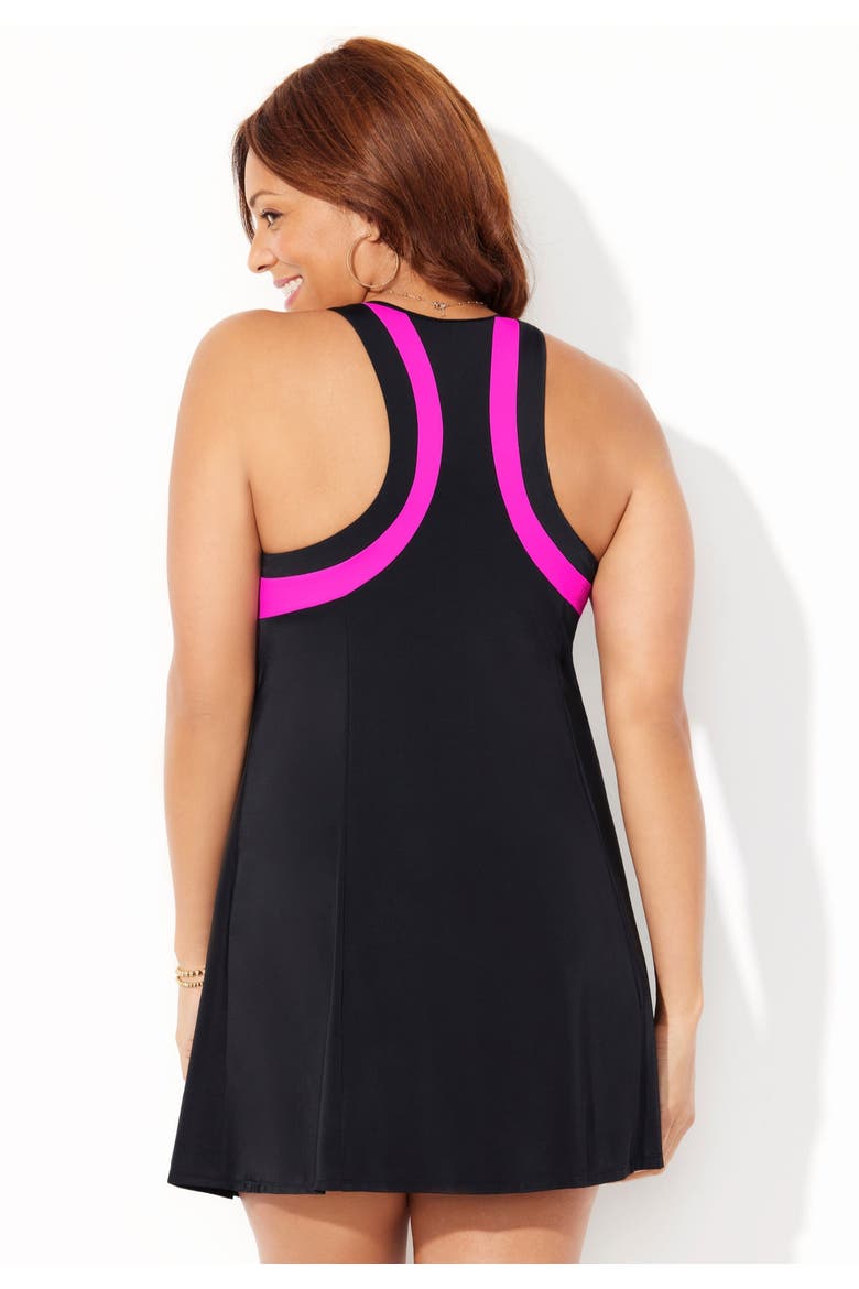 High Neck Two Piece Racerback Swimdress, Alternate, color, Black Fluorescent Pink