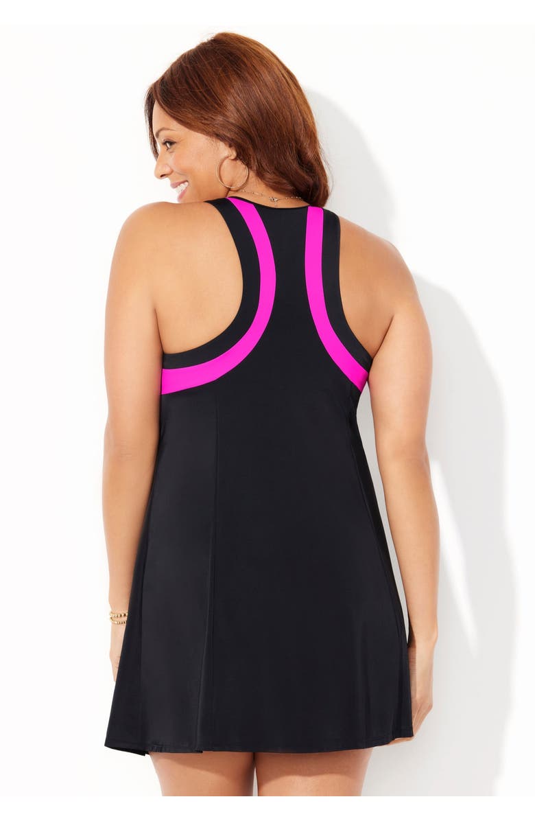 Swimsuits for All High Neck Two Piece Racerback Swimdress, Alternate, color, Black Fluorescent Pink