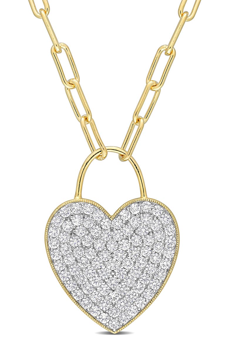 Goldtone Plate Sterling Silver Pavè Created White Sapphire Heart Pendant Necklace, Main, color, YELLOW