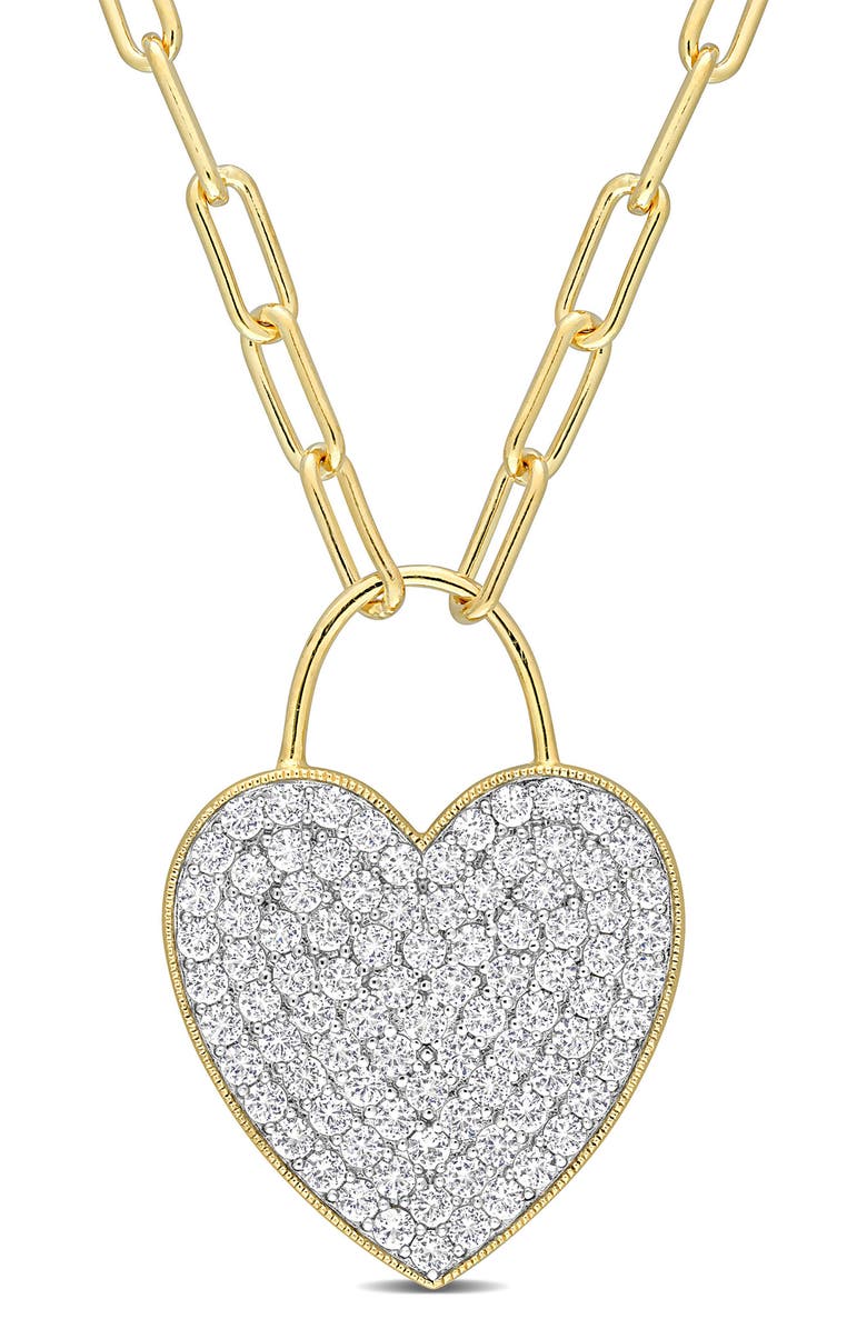 DELMAR Goldtone Plate Sterling Silver Pavè Created White Sapphire Heart Pendant Necklace, Main, color,