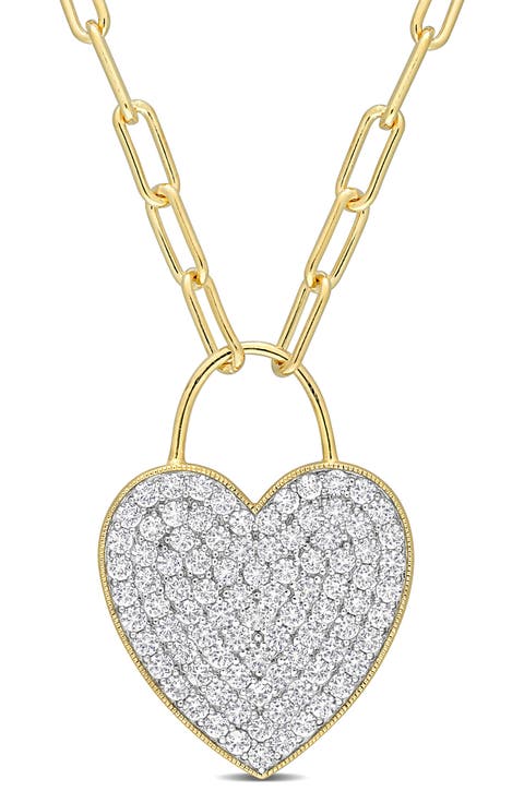 Goldtone Plate Sterling Silver Pavè Created White Sapphire Heart Pendant Necklace