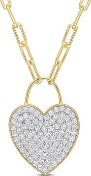 DELMAR Goldtone Plate Sterling Silver Pavè Created White Sapphire Heart Pendant Necklace
