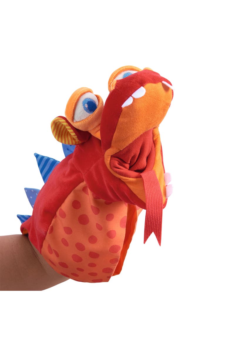 HABA Glove Puppet Eat it Up Dragon - Hand Puppet That Eats Small Objects, Perfect Toddler Toys for Ages 2-4, Sensory Hand Puppets, Preschool Toys, Alternate, color, Red Multi