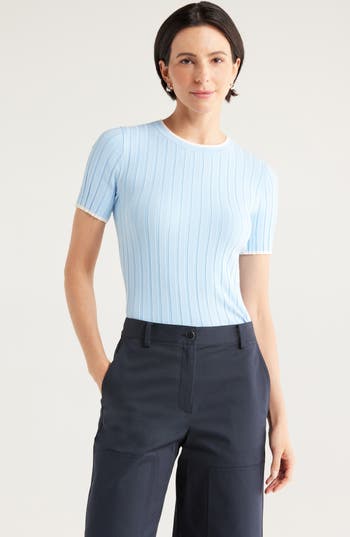 Nordstrom Rack Tipped Short Sleeve Ribbed Sweater In Blue Thread- Ivory Tipping