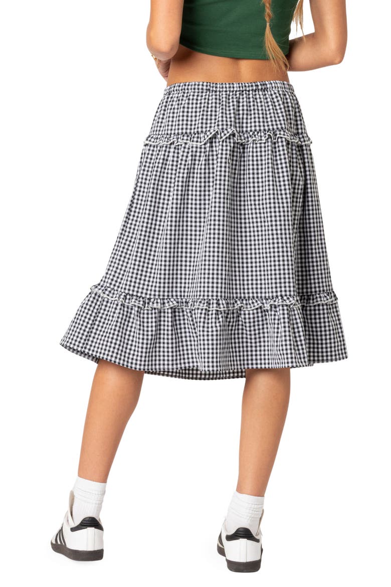 Gingham Tiered Ruffle Midi Skirt, Alternate, color, BLACK-AND-WHITE
