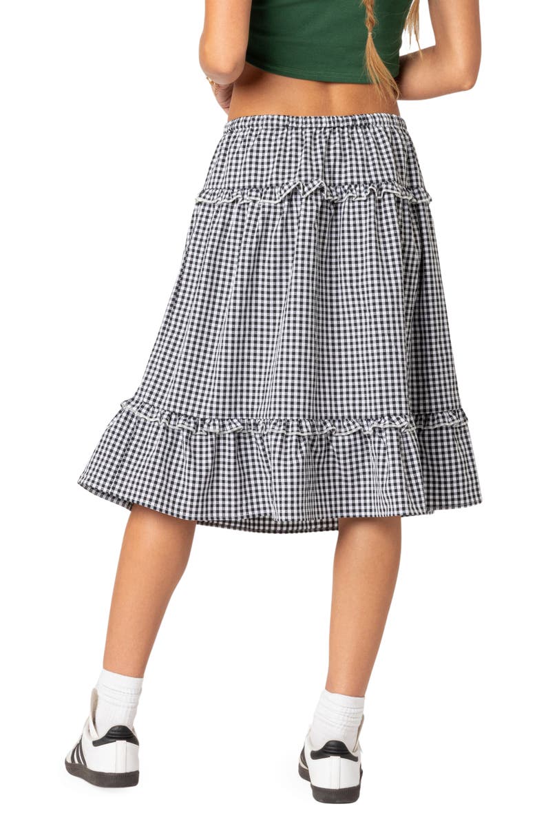 EDIKTED Gingham Tiered Ruffle Midi Skirt, Alternate, color, Black-And-White
