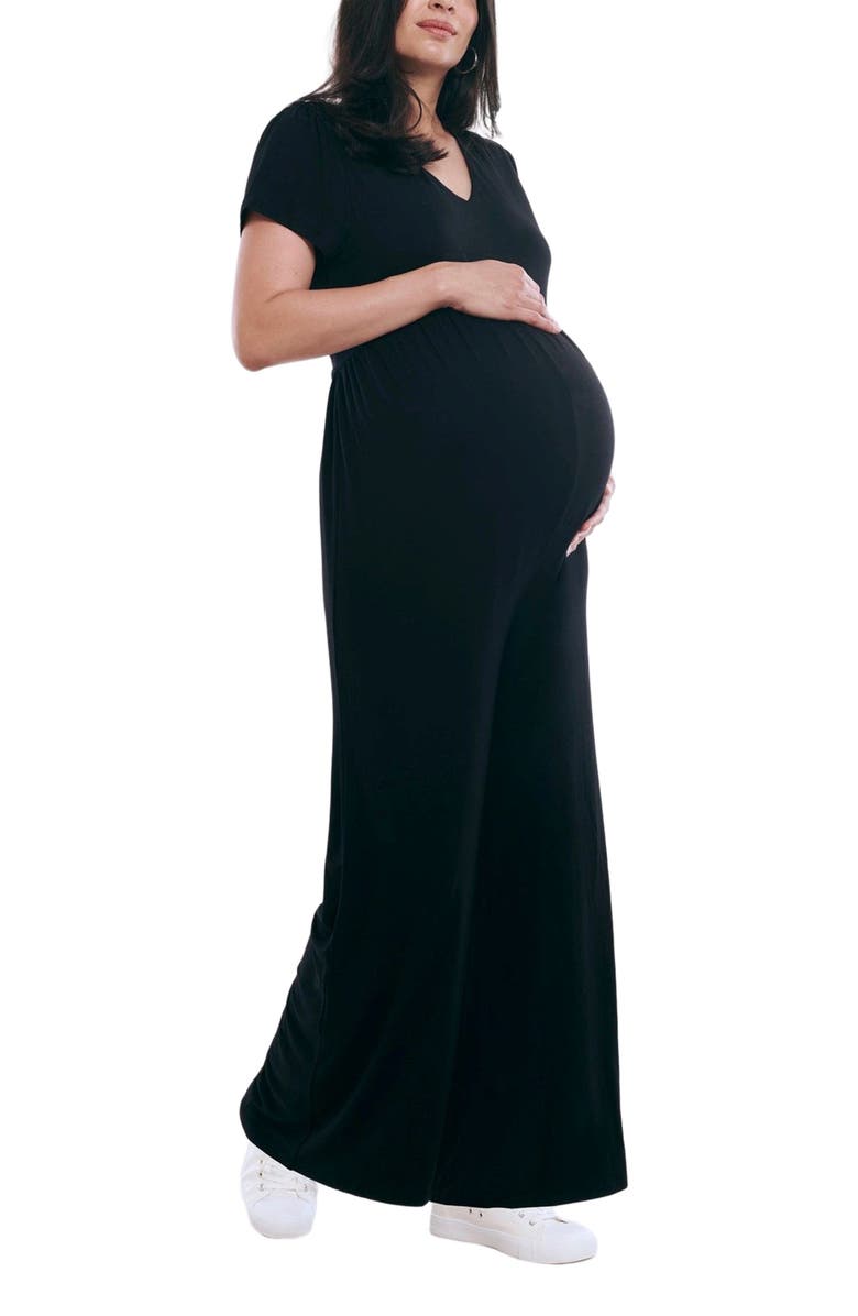 MOTHERHOOD MATERNITY Short Sleeve V-Neck Flare Leg Jumpsuit, Alternate, color, Black