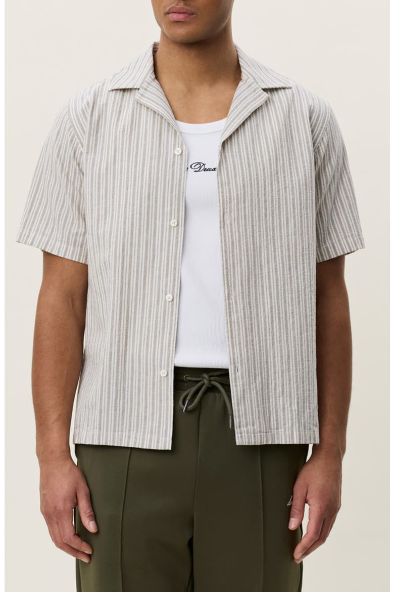 Stripe Cotton & Linen Camp Shirt, Main, color, DARK SAND