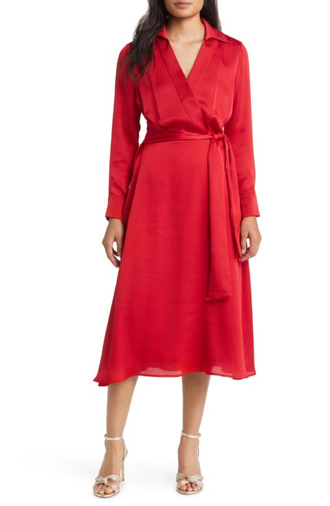 Long Sleeve Hammered Satin Faux Wrap Midi Shirtdress