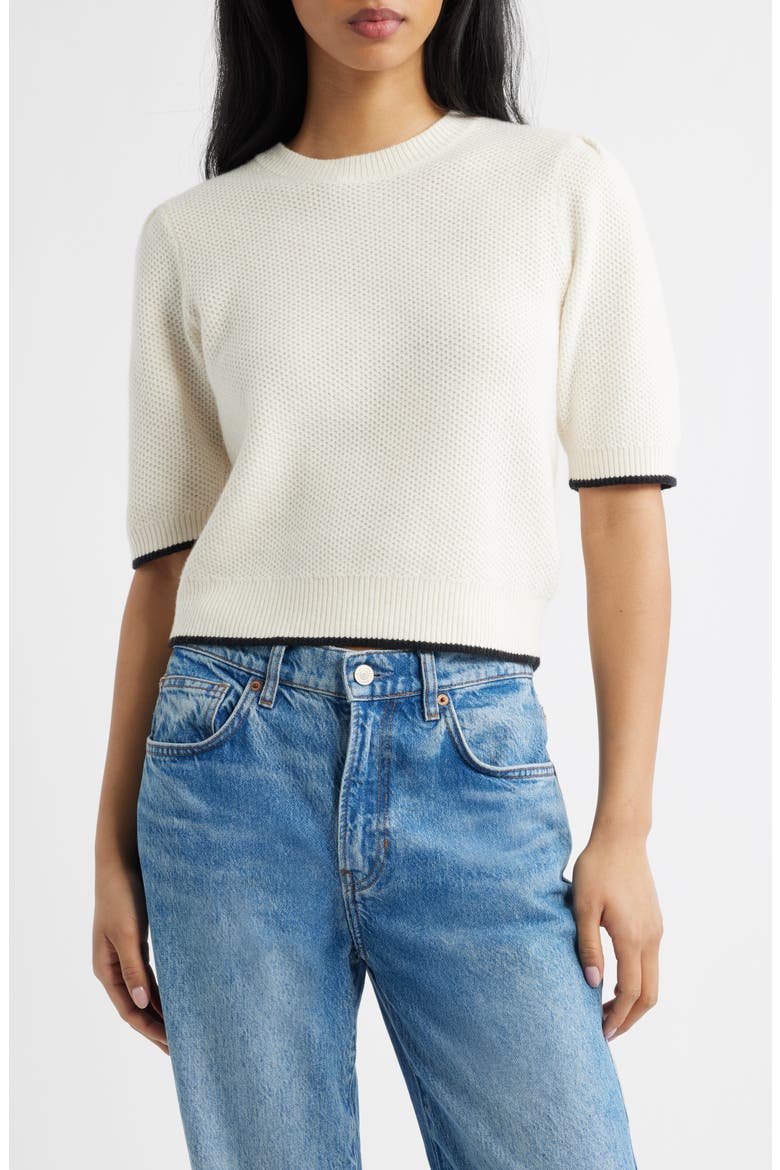 Puff Sleeve Textured Sweater, Main, color, IVORY WITH BLACK TIPPING