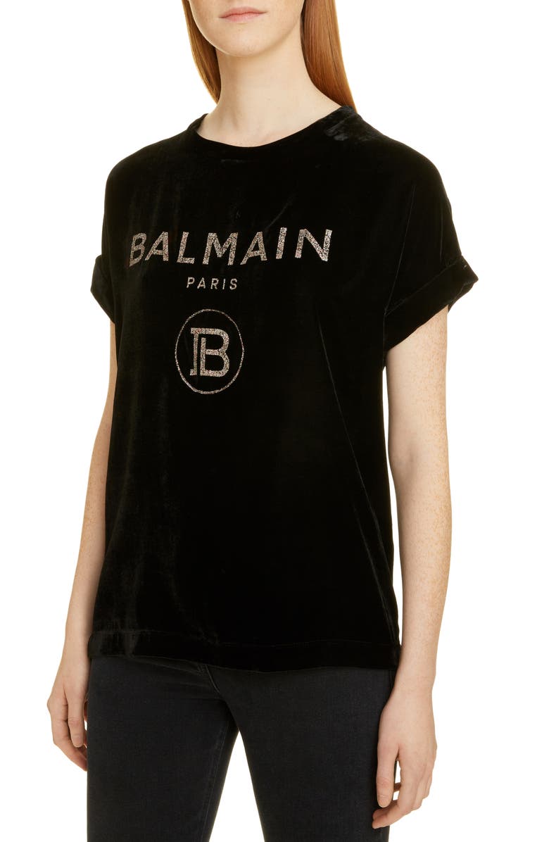 Balmain Glitter Logo Velvet Tee, Alternate, color, 